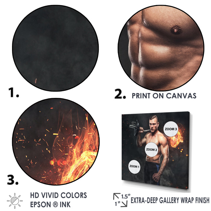 Muscular Athletic Male Holds Burning Barbell - Aerobic &amp; Bodybuilding Canvas Wall Art