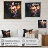 Muscular Athletic Male Holds Burning Barbell - Aerobic & Bodybuilding Canvas Wall Art