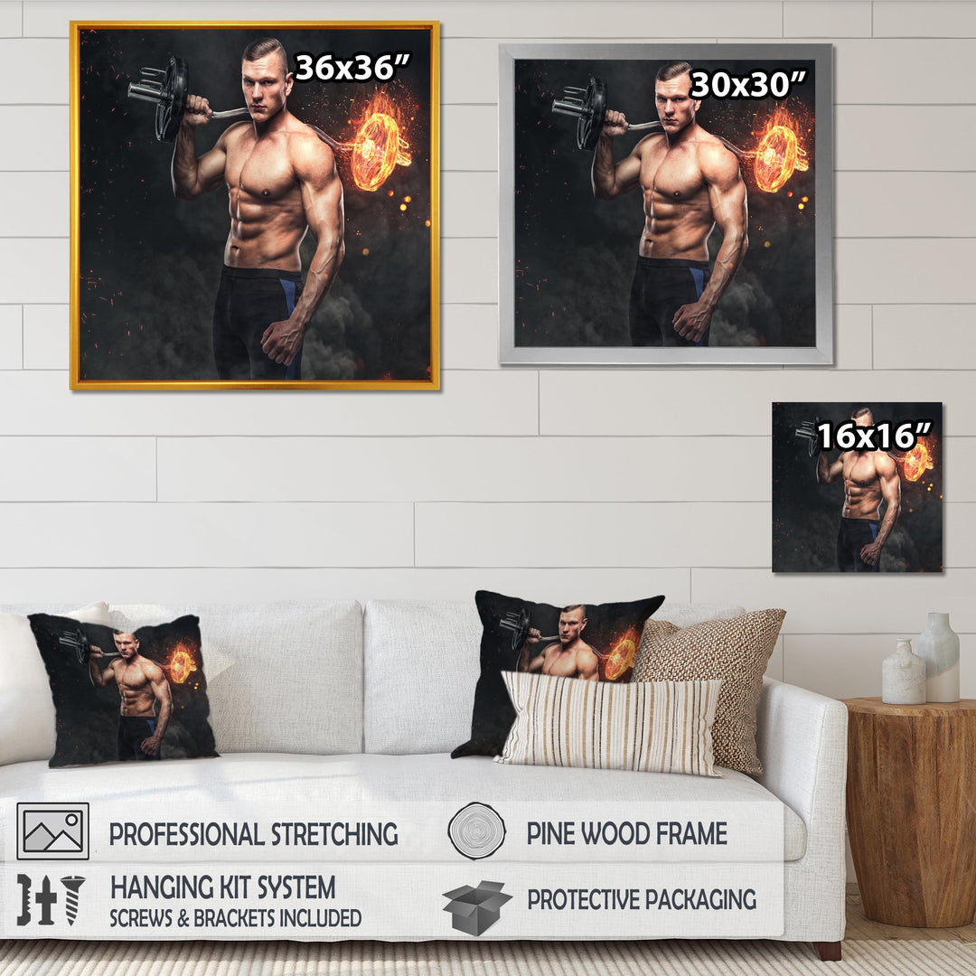 Muscular Athletic Male Holds Burning Barbell - Aerobic &amp; Bodybuilding Canvas Wall Art