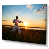 Man Training Karate In Field At Sunrise - Aerobic & Bodybuilding Canvas Wall Art