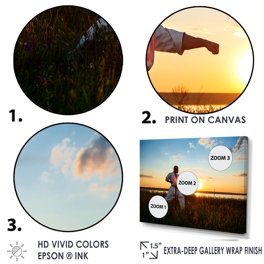 Man Training Karate In Field At Sunrise - Aerobic &amp; Bodybuilding Canvas Wall Art