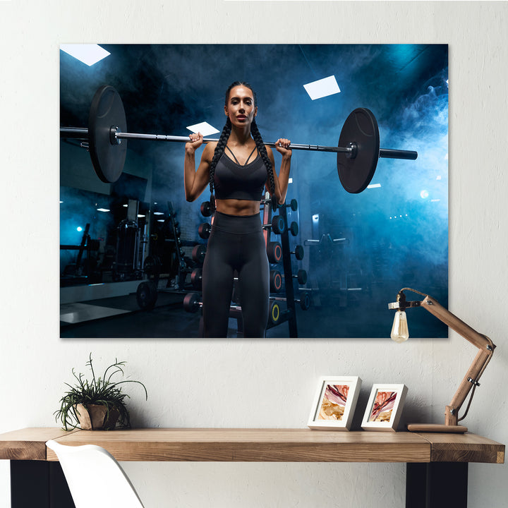 Woman Holding Barbell On Shoulders - Aerobic &amp; Bodybuilding Canvas Wall Art