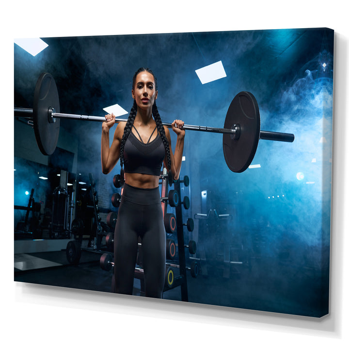 Woman Holding Barbell On Shoulders - Aerobic &amp; Bodybuilding Canvas Wall Art