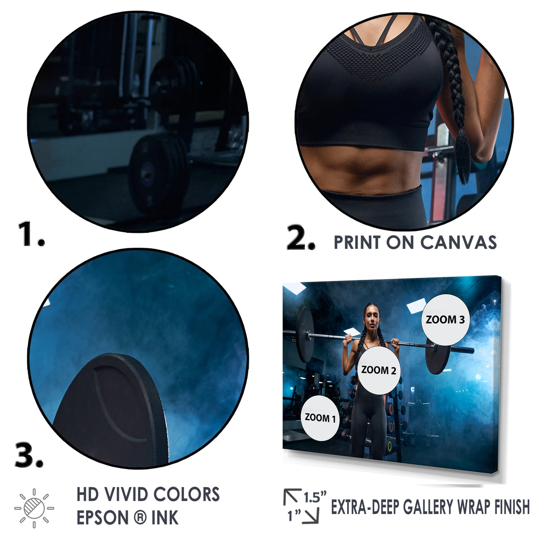 Woman Holding Barbell On Shoulders - Aerobic &amp; Bodybuilding Canvas Wall Art