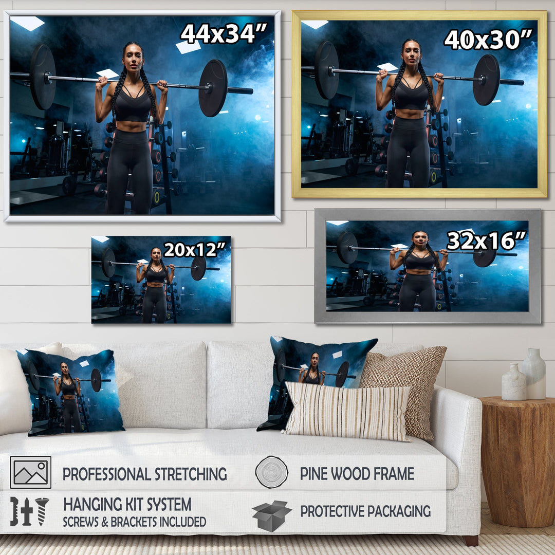 Woman Holding Barbell On Shoulders - Aerobic &amp; Bodybuilding Canvas Wall Art