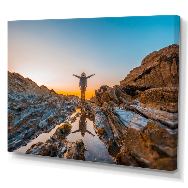 Woman Enjoying Coast Basque Sunset - Aerobic &amp; Bodybuilding Canvas Wall Art