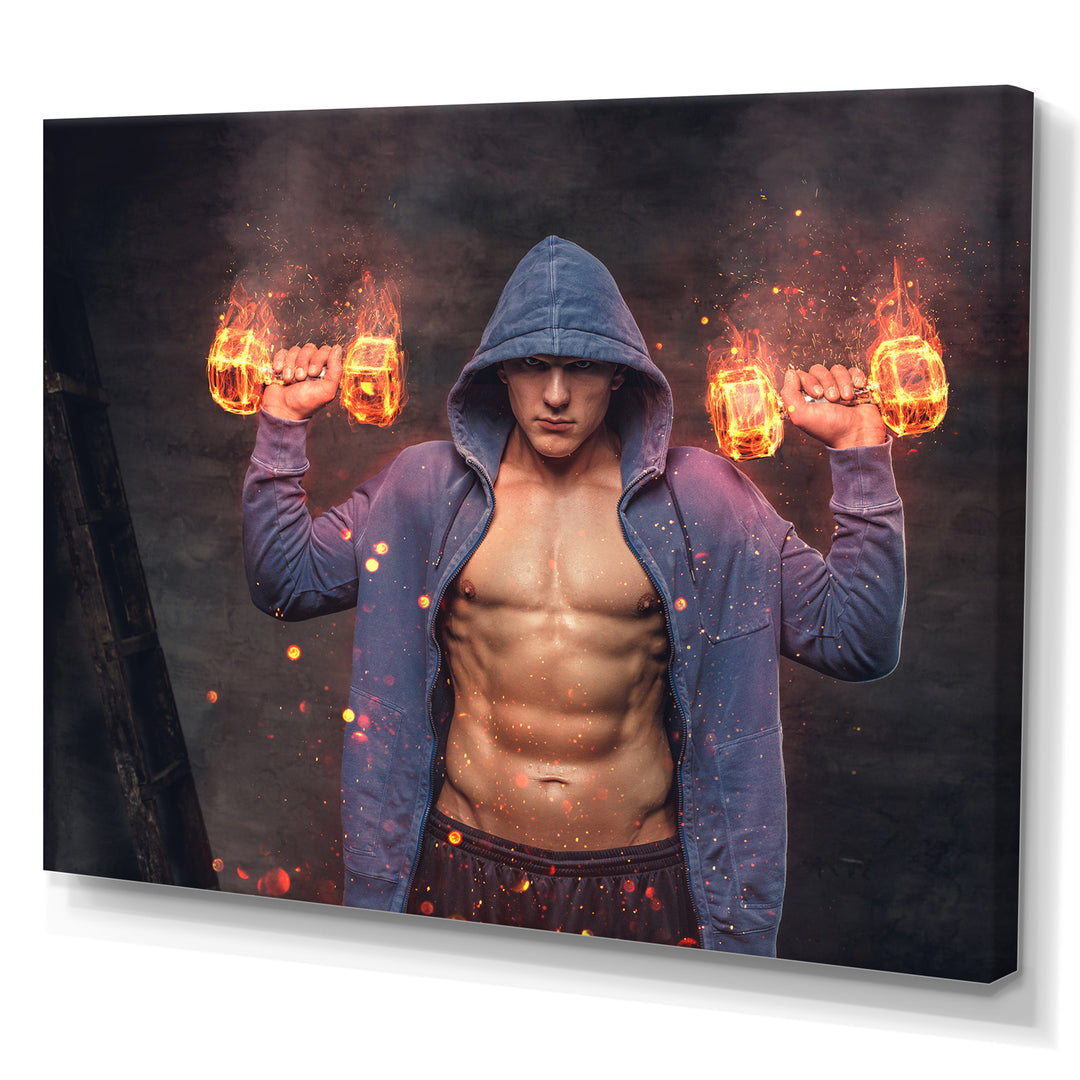 Builder Holds Burning Dumbbells - Aerobic &amp; Bodybuilding Canvas Wall Art