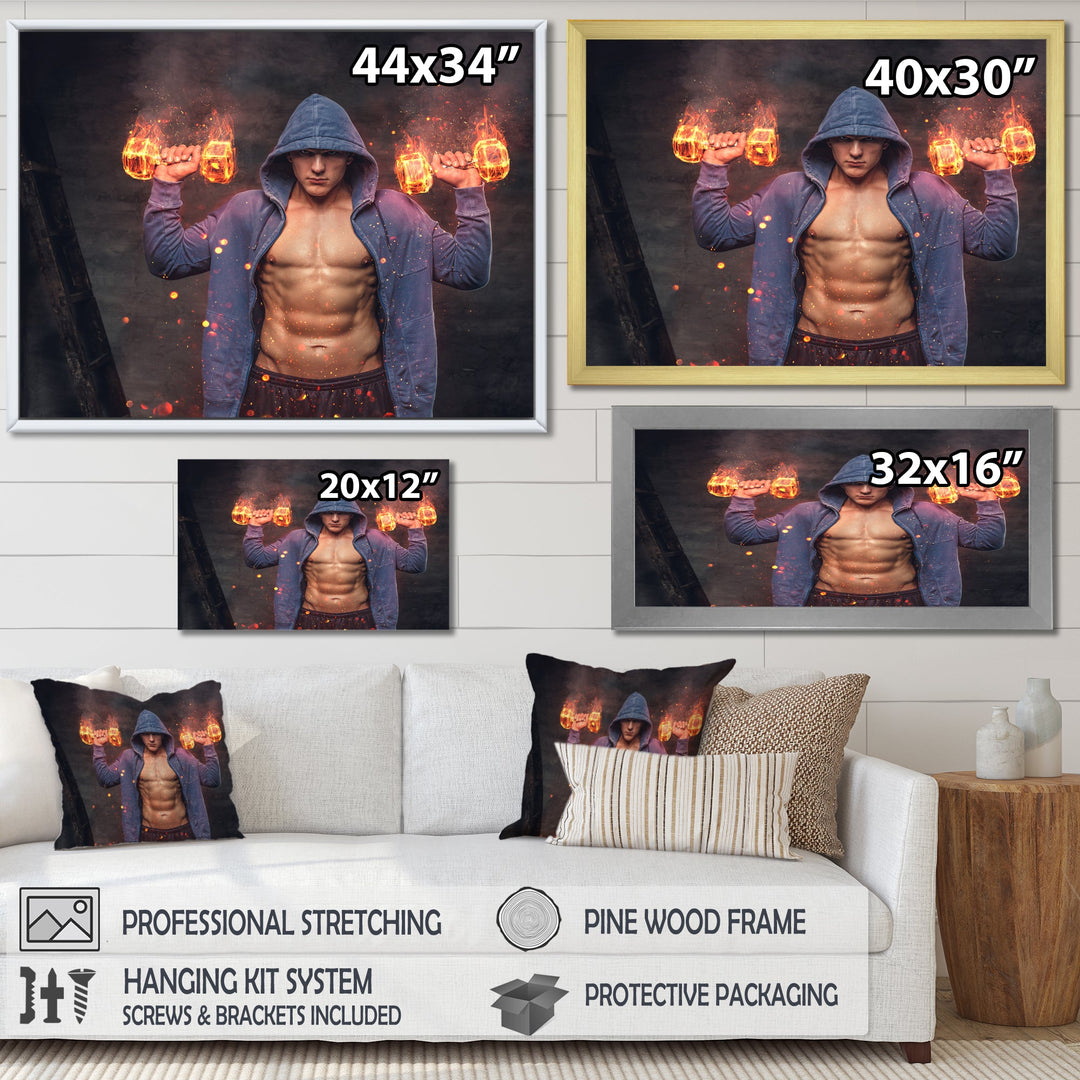 Builder Holds Burning Dumbbells - Aerobic &amp; Bodybuilding Canvas Wall Art