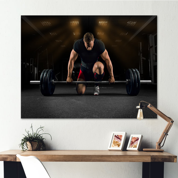 Athlete On Knee Preparing Make Deadlift - Aerobic &amp; Bodybuilding Canvas Wall Art