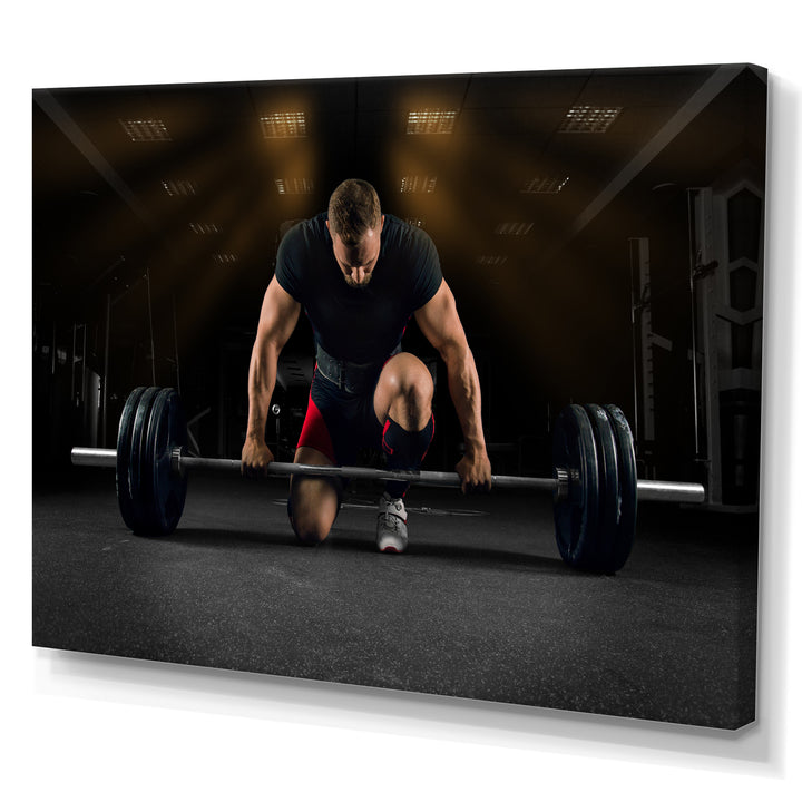 Athlete On Knee Preparing Make Deadlift - Aerobic &amp; Bodybuilding Canvas Wall Art