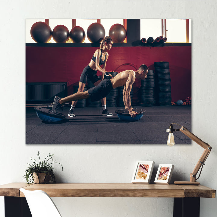 Athletic Man Woman With Dumbbells - Aerobic &amp; Bodybuilding Canvas Wall Art