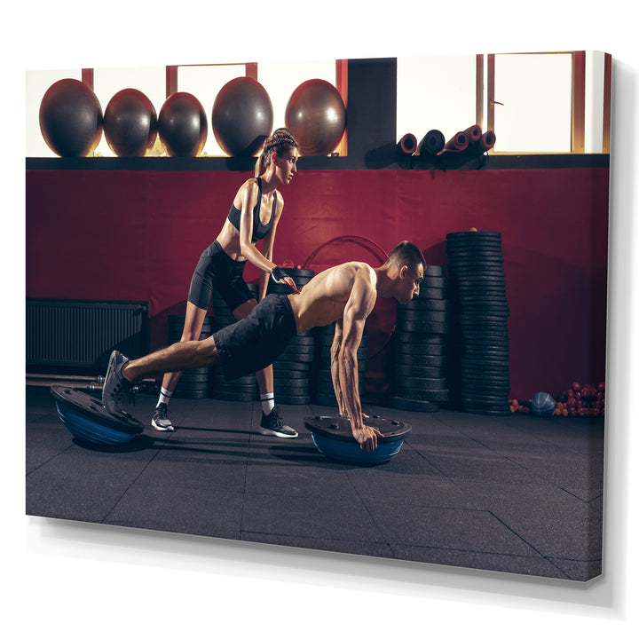 Athletic Man Woman With Dumbbells - Aerobic &amp; Bodybuilding Canvas Wall Art