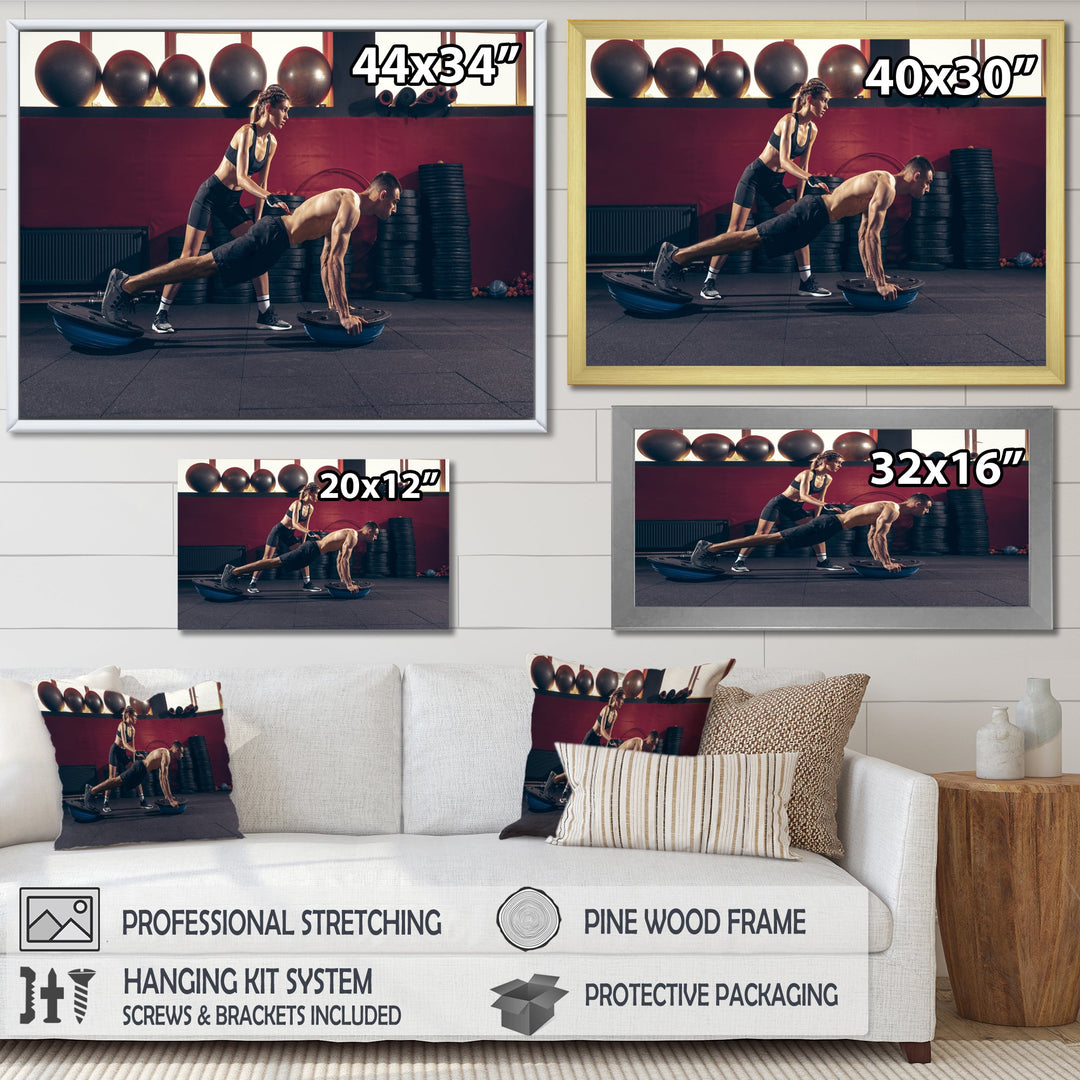 Athletic Man Woman With Dumbbells - Aerobic &amp; Bodybuilding Canvas Wall Art