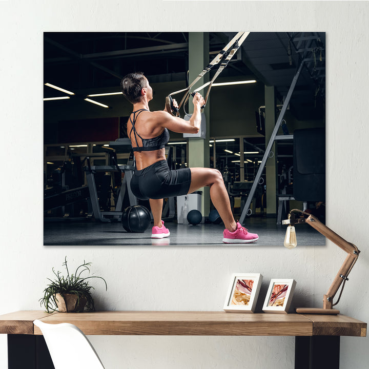 Athletic Woman Working Out With TRX Suspension Strips - Aerobic &amp; Bodybuilding Canvas Wall Art