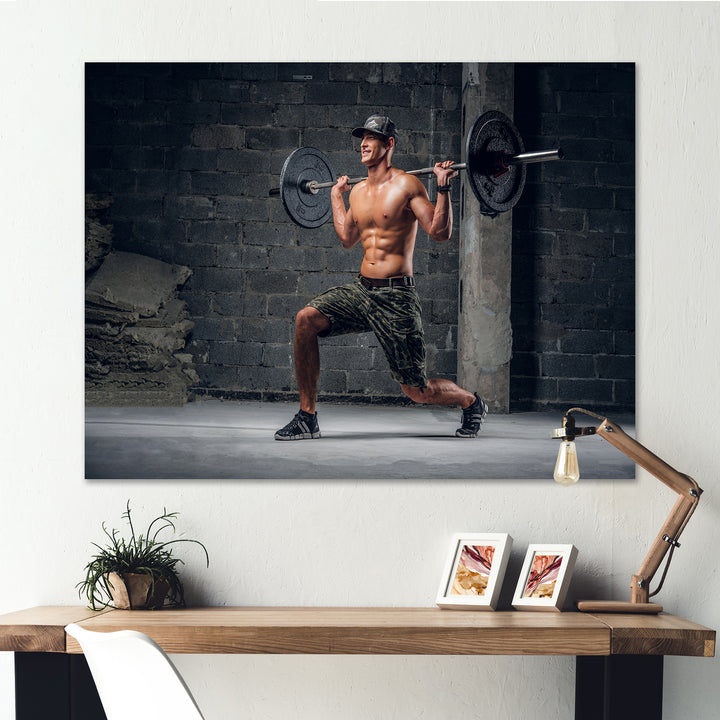 Man Is Doing Lunge With Barbell - Aerobic &amp; Bodybuilding Canvas Wall Art