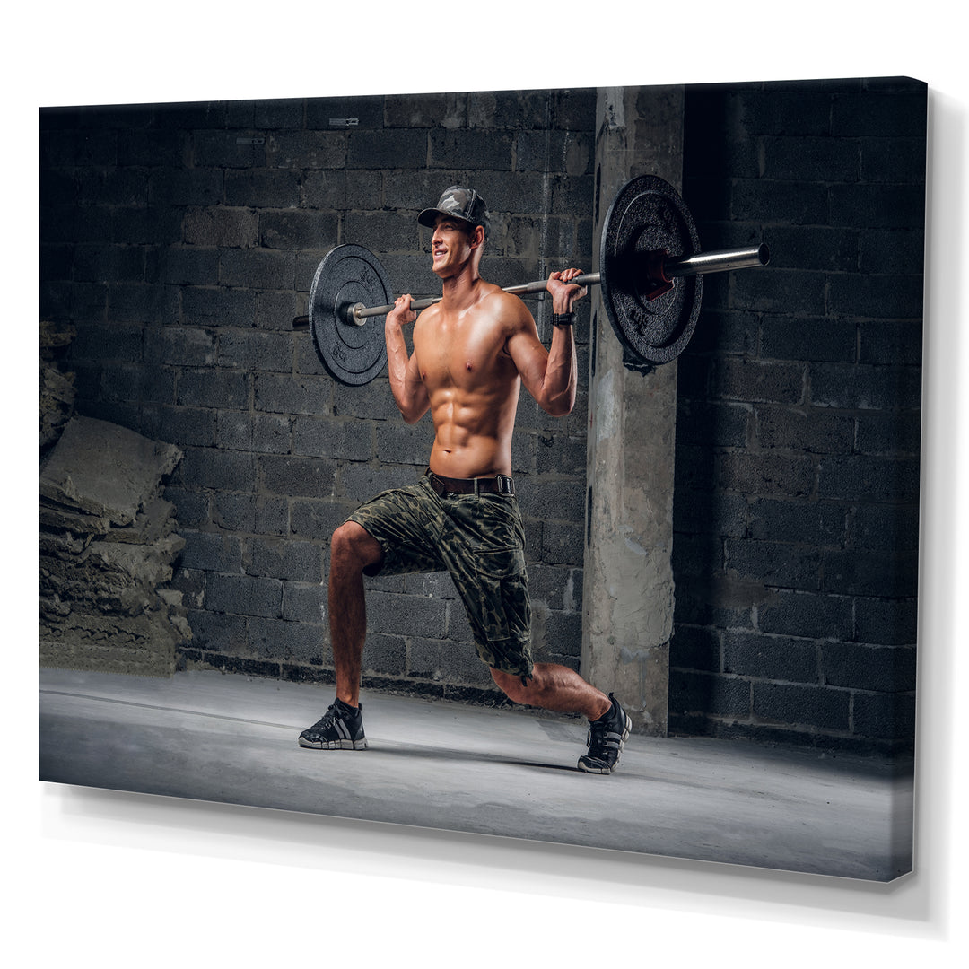 Man Is Doing Lunge With Barbell - Aerobic &amp; Bodybuilding Canvas Wall Art