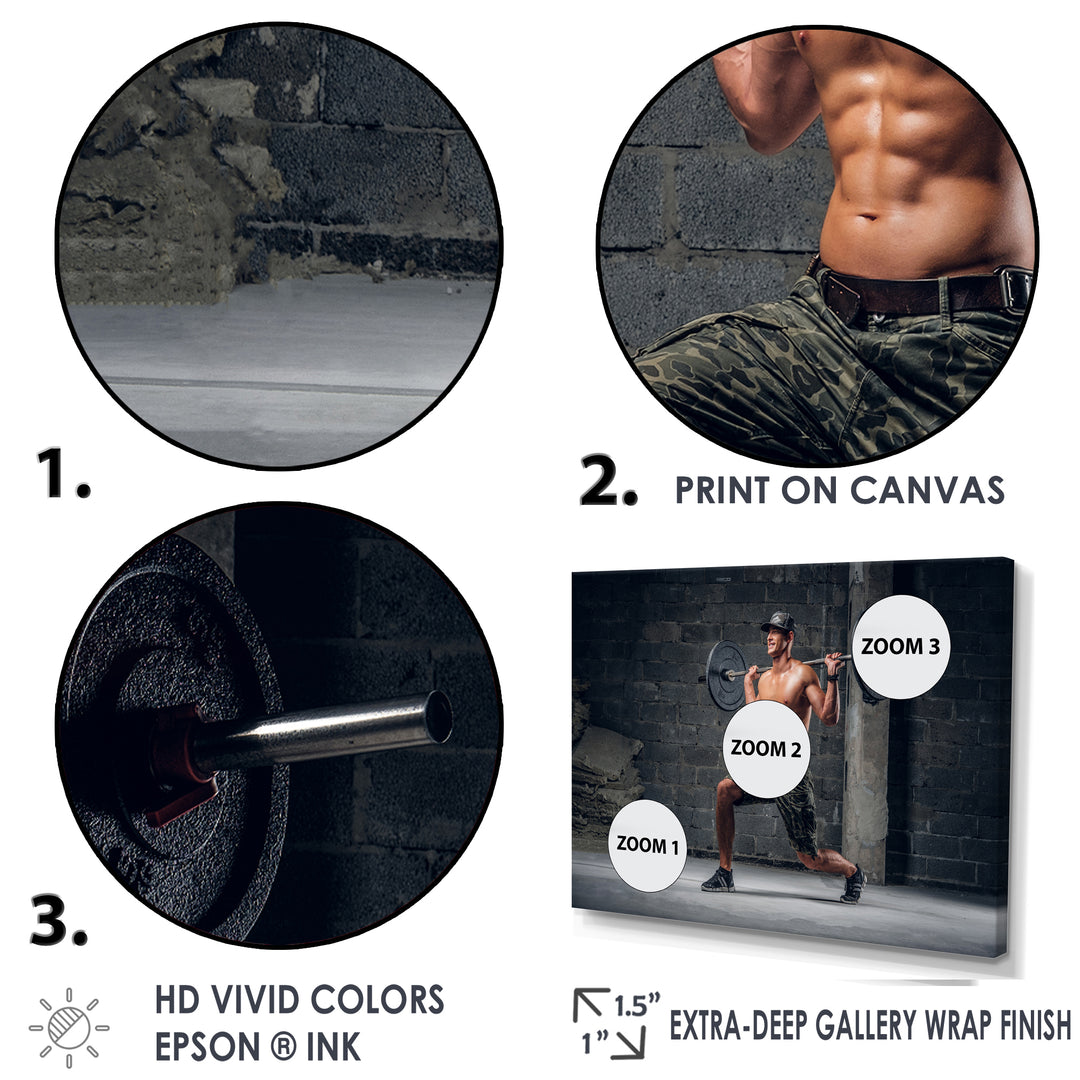 Man Is Doing Lunge With Barbell - Aerobic &amp; Bodybuilding Canvas Wall Art
