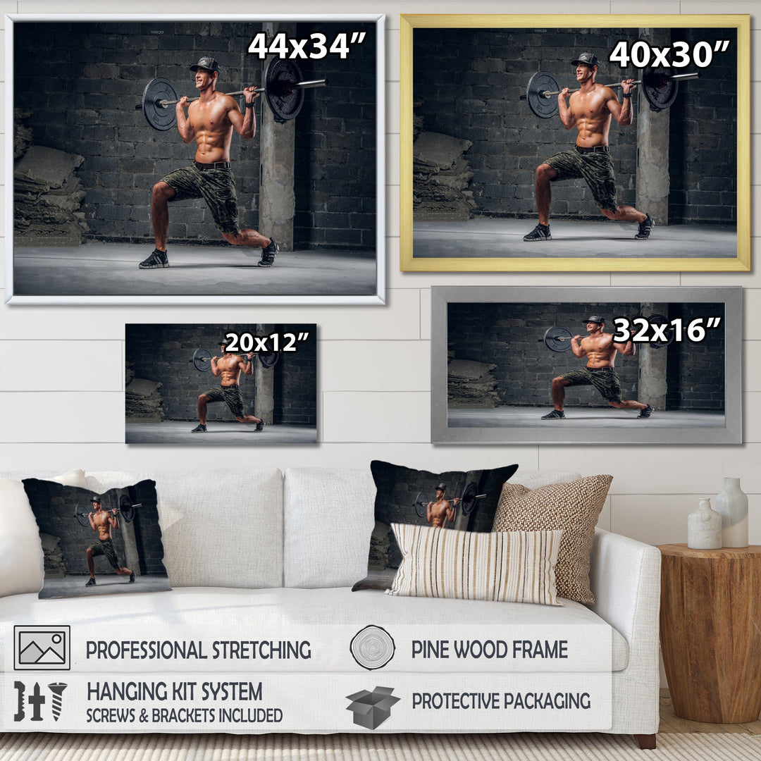 Man Is Doing Lunge With Barbell - Aerobic &amp; Bodybuilding Canvas Wall Art