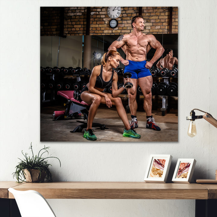 Sports Couple Is Working Out Gym - Aerobic &amp; Bodybuilding Canvas Wall Art