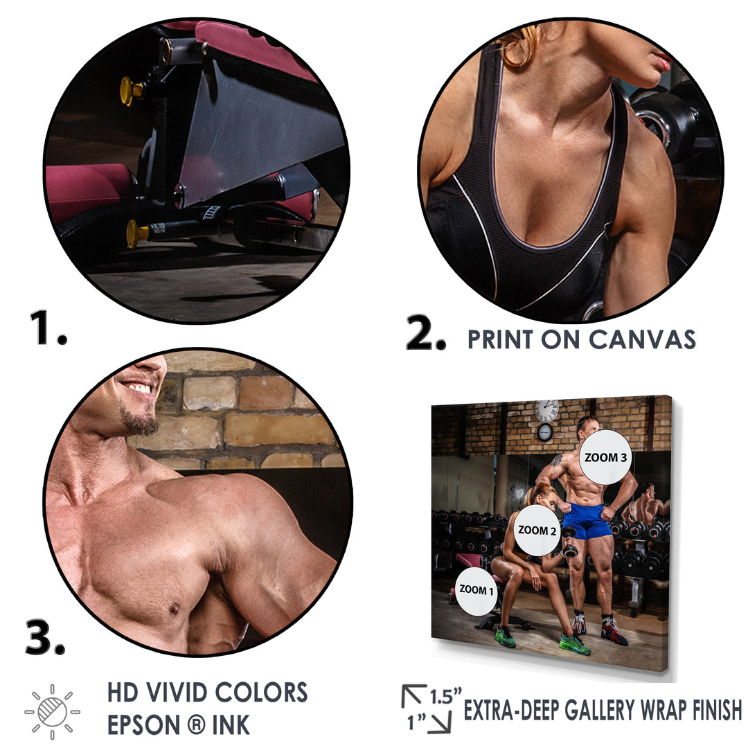Sports Couple Is Working Out Gym - Aerobic &amp; Bodybuilding Canvas Wall Art