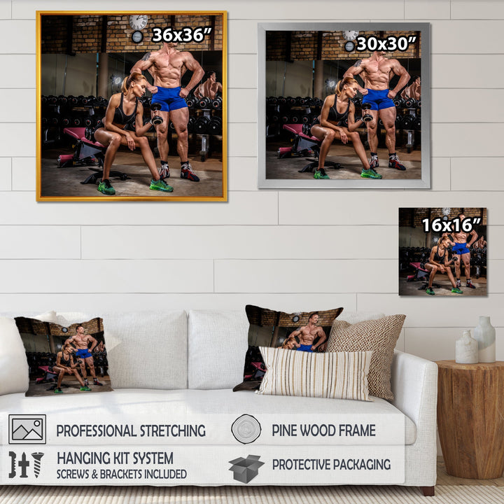 Sports Couple Is Working Out Gym - Aerobic &amp; Bodybuilding Canvas Wall Art