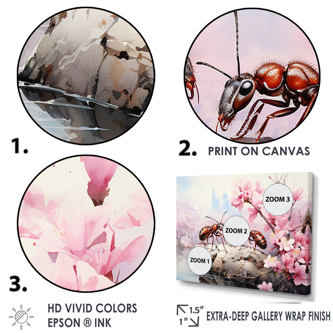 Pastel Gatherers Red Ants Pink Blossoms - Ant Wall Art Prints