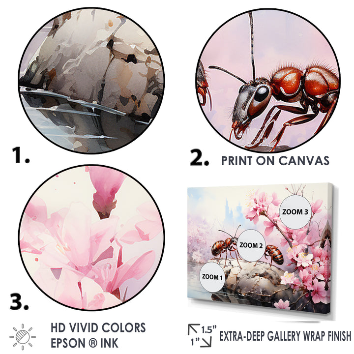 Pastel Gatherers Red Ants Pink Blossoms - Ant Wall Art Prints