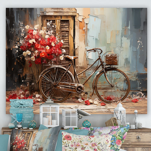 Crimson Ride Red Flowers - Bicycle Canvas Wall Art