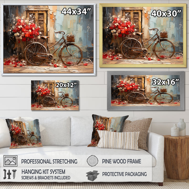 Crimson Ride Red Flowers - Bicycle Canvas Wall Art