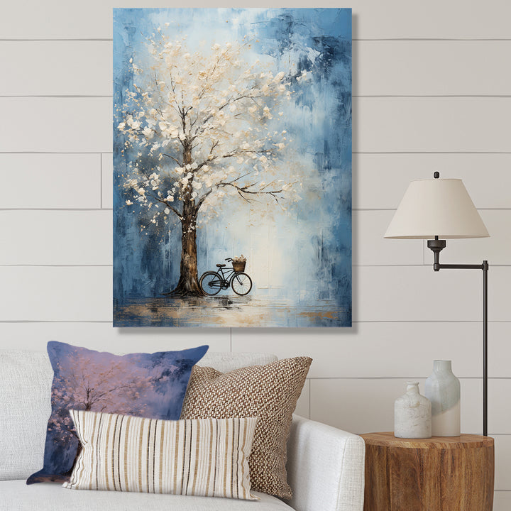 Indigo Intrigue White Tree - Bicycle Canvas Wall Art