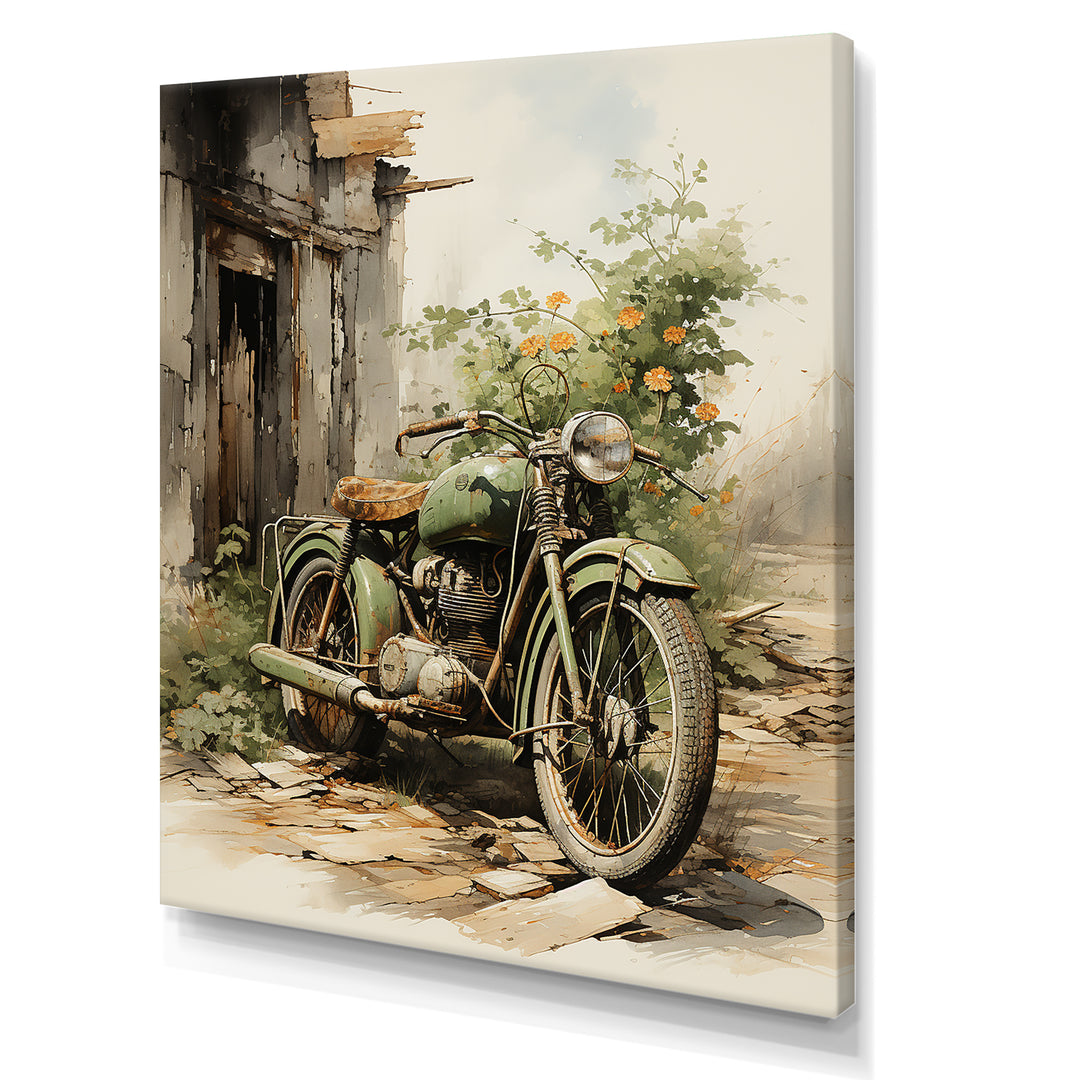 Olive Outing Vintage Motorbike - Bicycle Canvas Wall Art