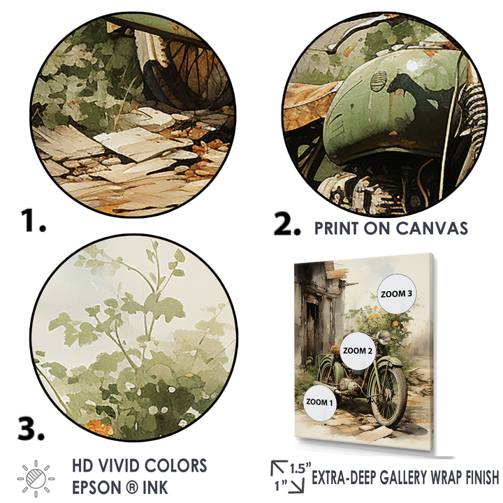 Olive Outing Vintage Motorbike - Bicycle Canvas Wall Art
