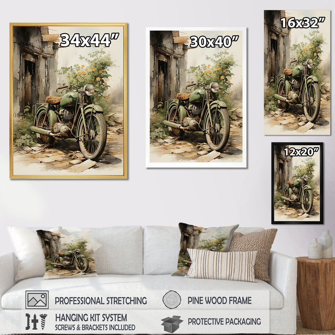 Olive Outing Vintage Motorbike - Bicycle Canvas Wall Art