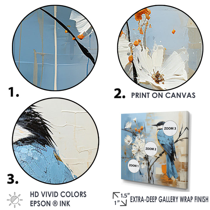 Blue Bird Minimalism White Flowers - Blue Bird Floral Wall Art