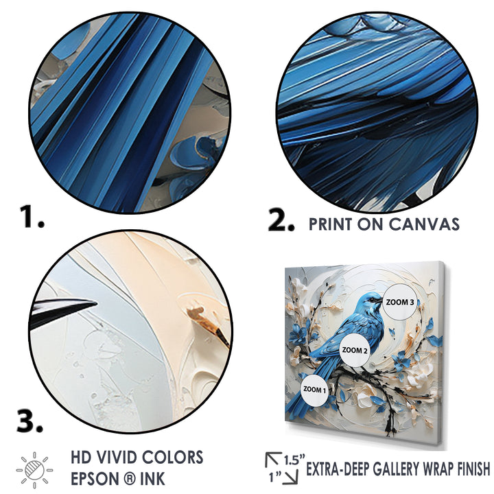 Blue Bird Minimalism White And Blue Flowers - Bird Floral Framed Canvas Art