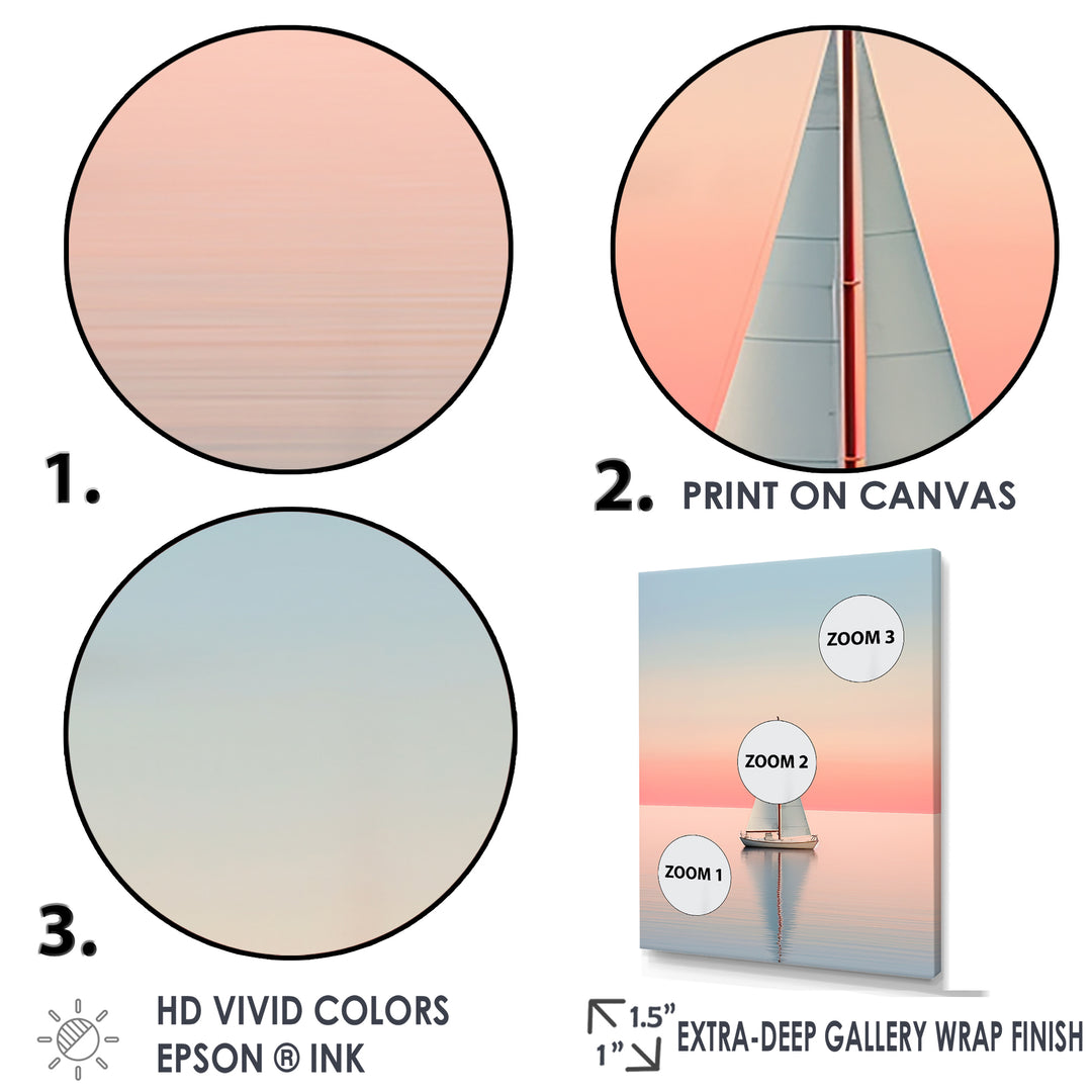 Blue And Pink Sailing Boat Calm Horizon - Boat Sailing Canvas Wall Art
