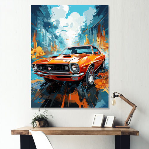 Orange American Muscle Car Collage - Car Vintage Canvas Wall Art