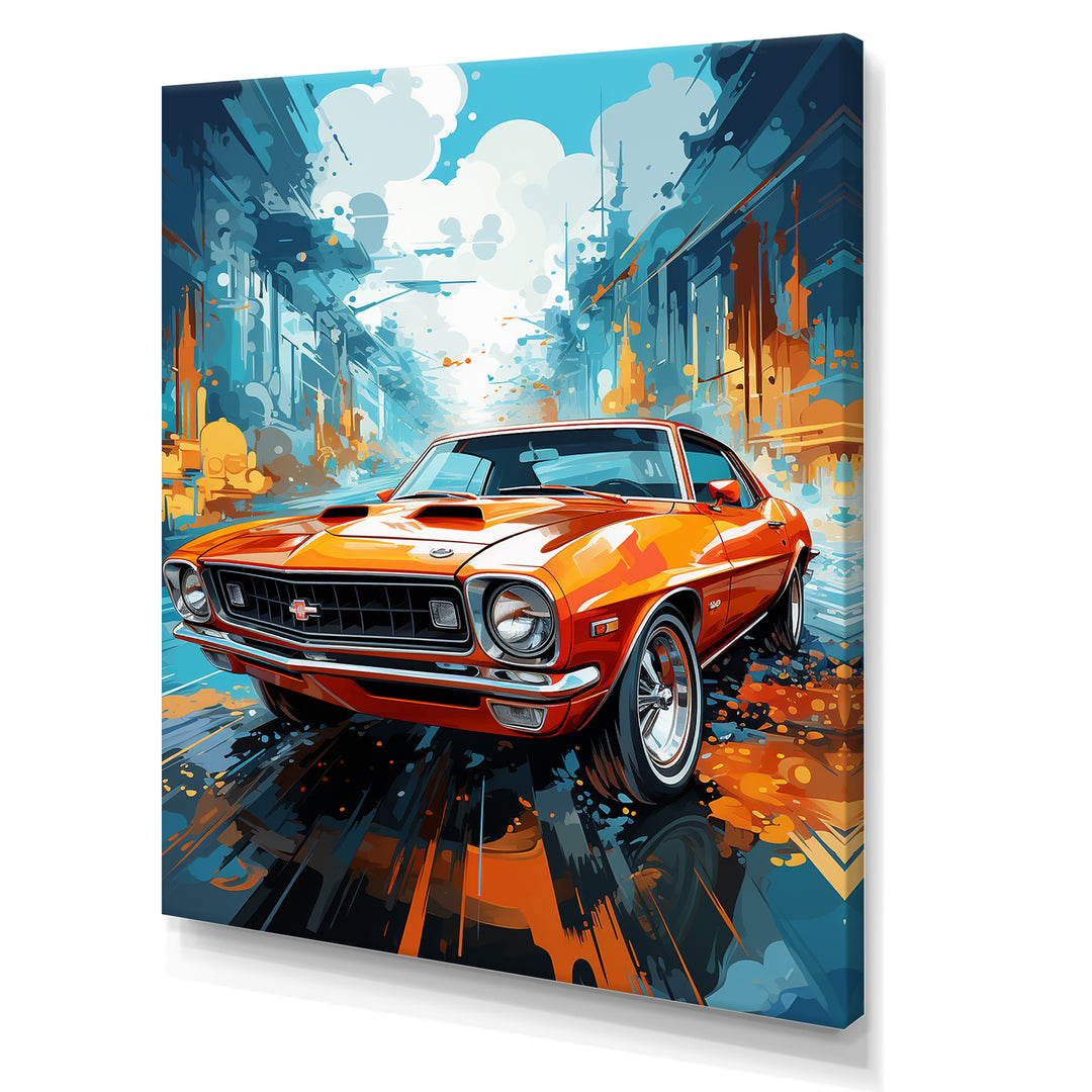 Orange American Muscle Car Collage - Car Vintage Canvas Wall Art
