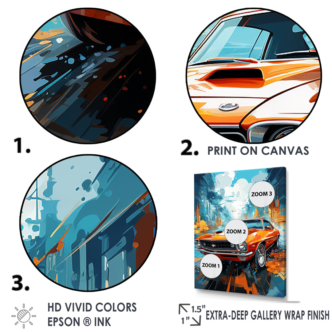 Orange American Muscle Car Collage - Car Vintage Canvas Wall Art