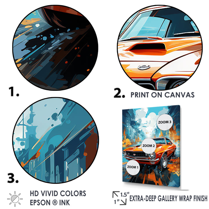 Orange American Muscle Car Collage - Car Vintage Canvas Wall Art