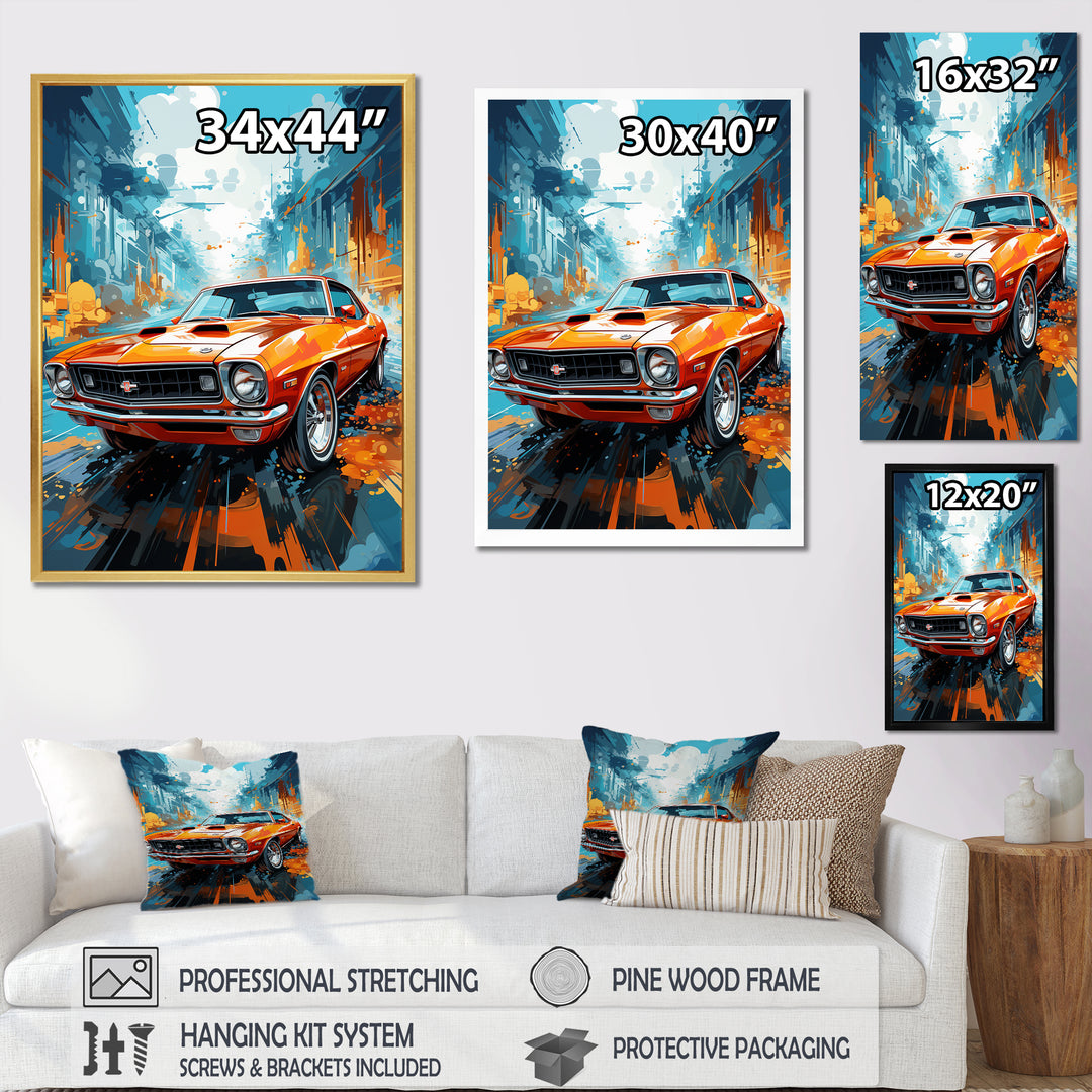 Orange American Muscle Car Collage - Car Vintage Canvas Wall Art