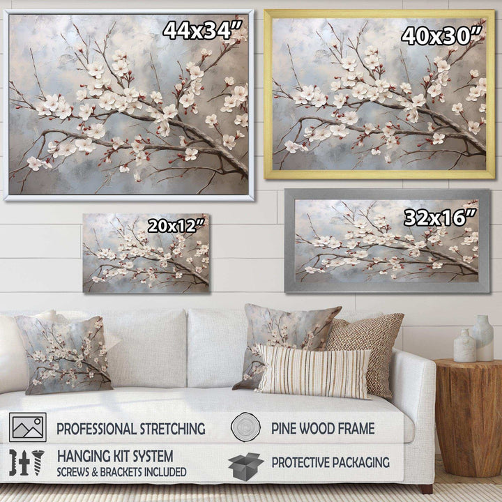 Minimalism Grey And Beige Cherry Blossom I - Floral Canvas Wall Art