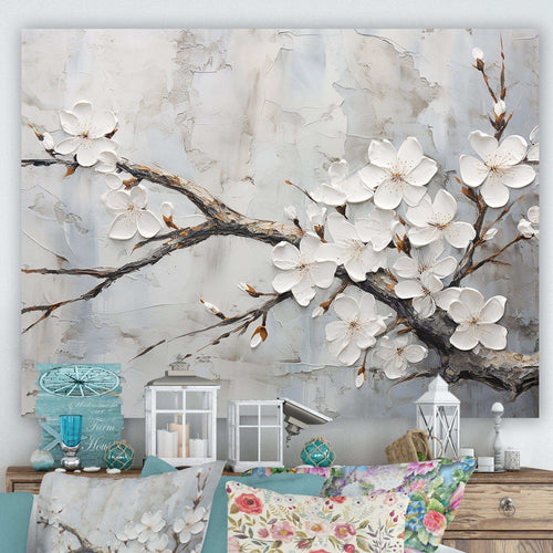 Minimalism White And Grey Cherry Blossom - Floral Canvas Wall Art