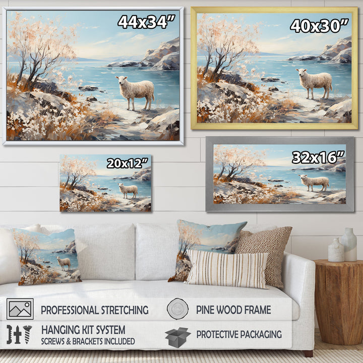 Minimalism Sheep On The Beach - Sheep Framed Canvas Art