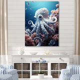 Monochrome Blue And White Octopus Crowl - Octopus Living Room Wall Art