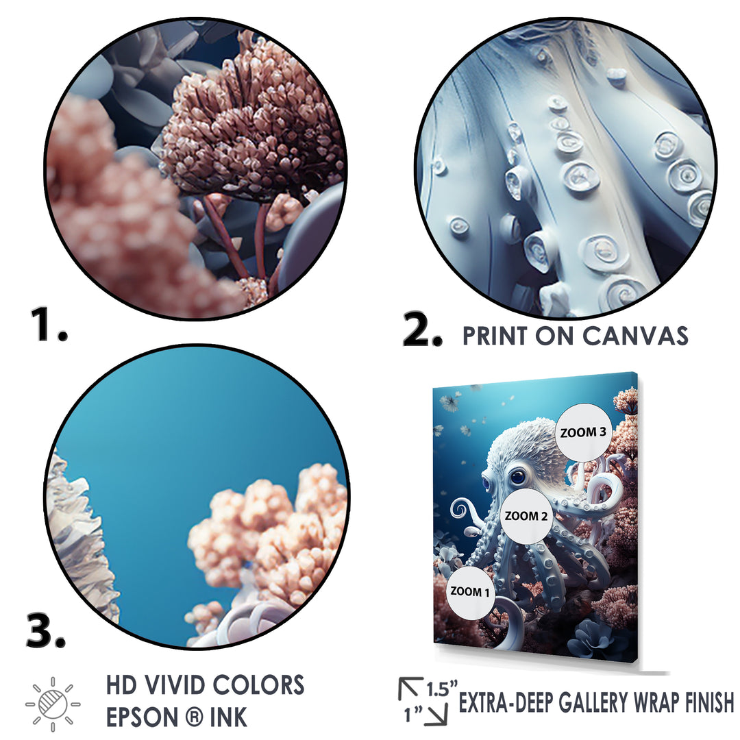 Monochrome Blue And White Octopus Crowl - Octopus Living Room Wall Art
