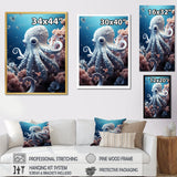 Monochrome Blue And White Octopus Crowl - Octopus Living Room Wall Art