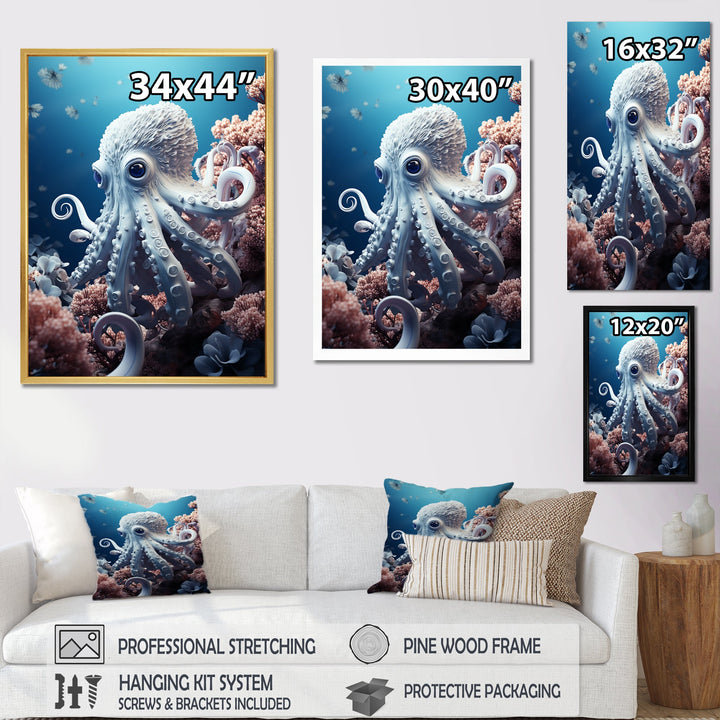 Monochrome Blue And White Octopus Crowl - Octopus Living Room Wall Art