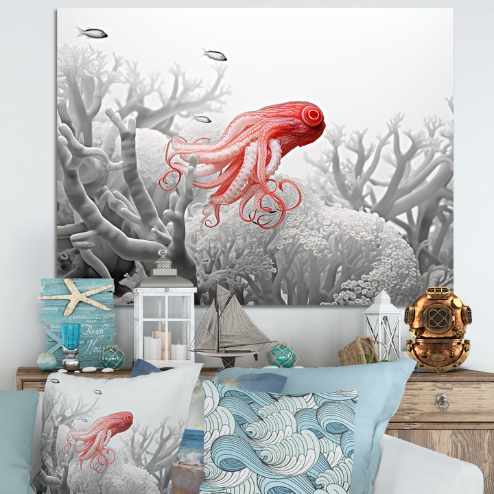 Monochrome Coral And Grey Octopus Paddle - Octopus Bedroom Wall Art