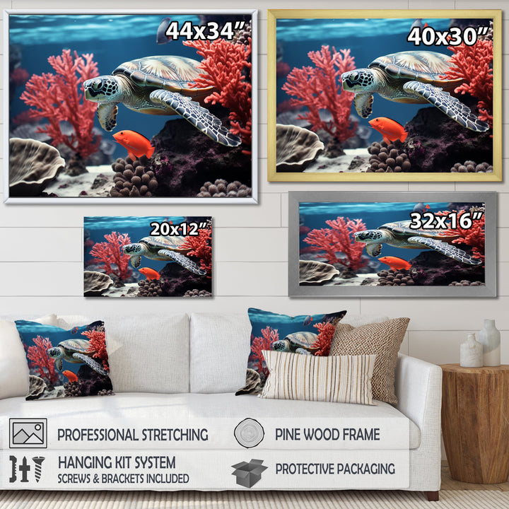 Monochrome Coral And Grey Turtle Paddle - Turtle Canvas Wall Art